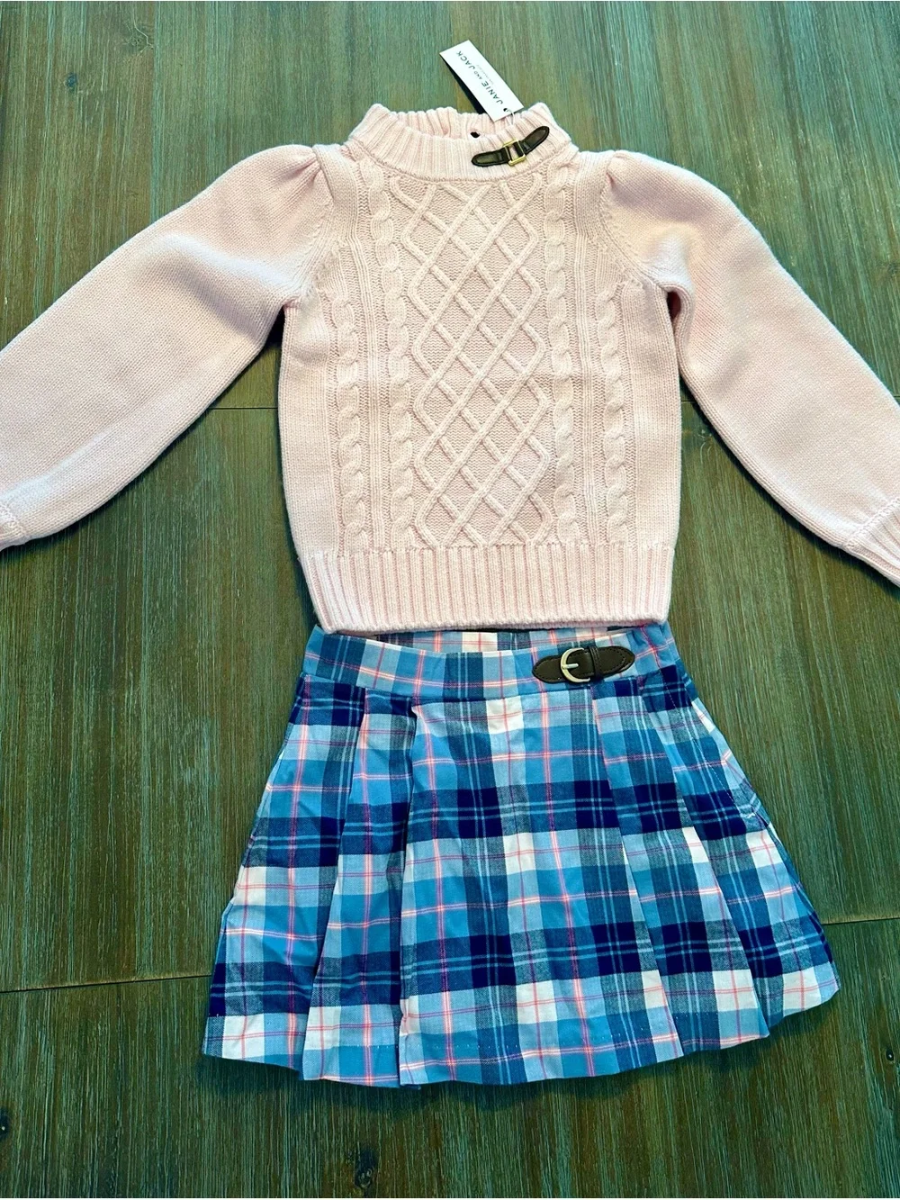 Janie and Jack Pink Cable-Knit Sweater with Blue Plaid Skirt Set